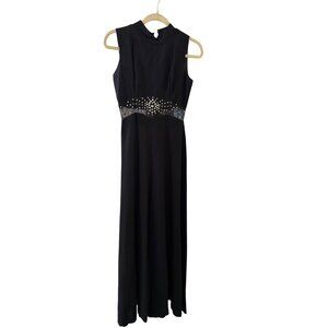 Black Sleeveless Maxi Jumpsuit Rhinestone Waist Detail & Sheer Accents Small